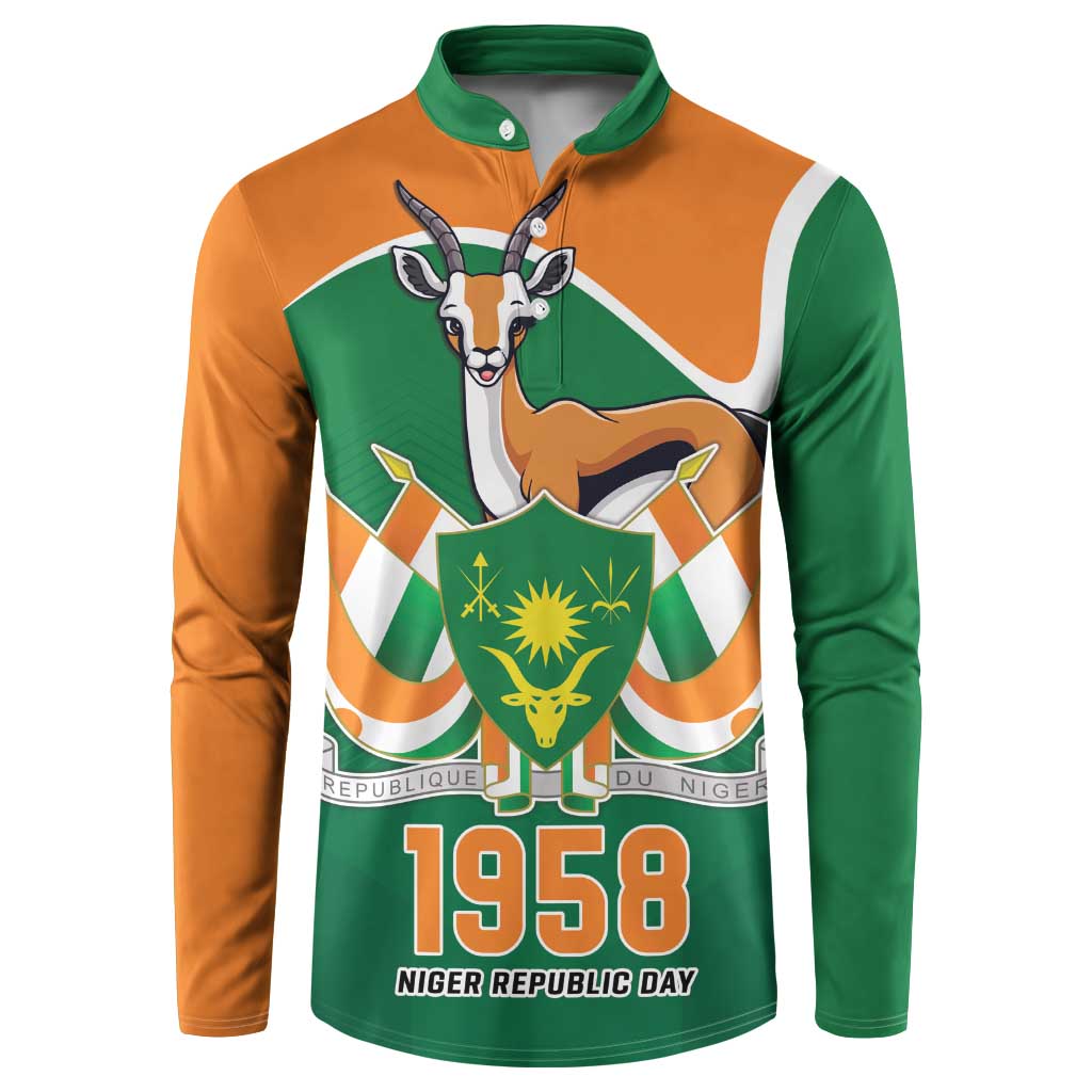 Green and orange long-sleeve button sweatshirt with Niger crest and 1958 graphic