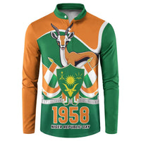 Green and orange long-sleeve button sweatshirt with Niger crest and 1958 graphic