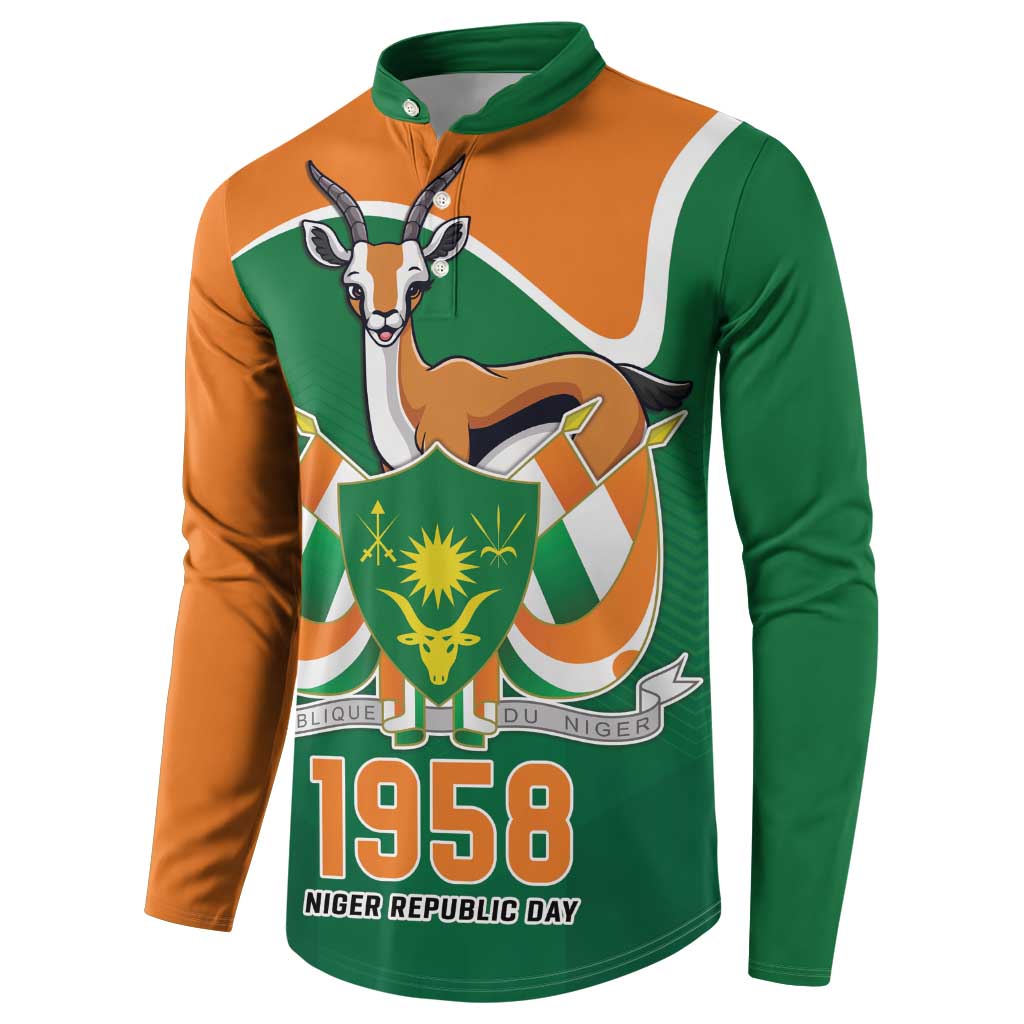 Green and orange long-sleeve button sweatshirt with Niger crest and 1958 logo