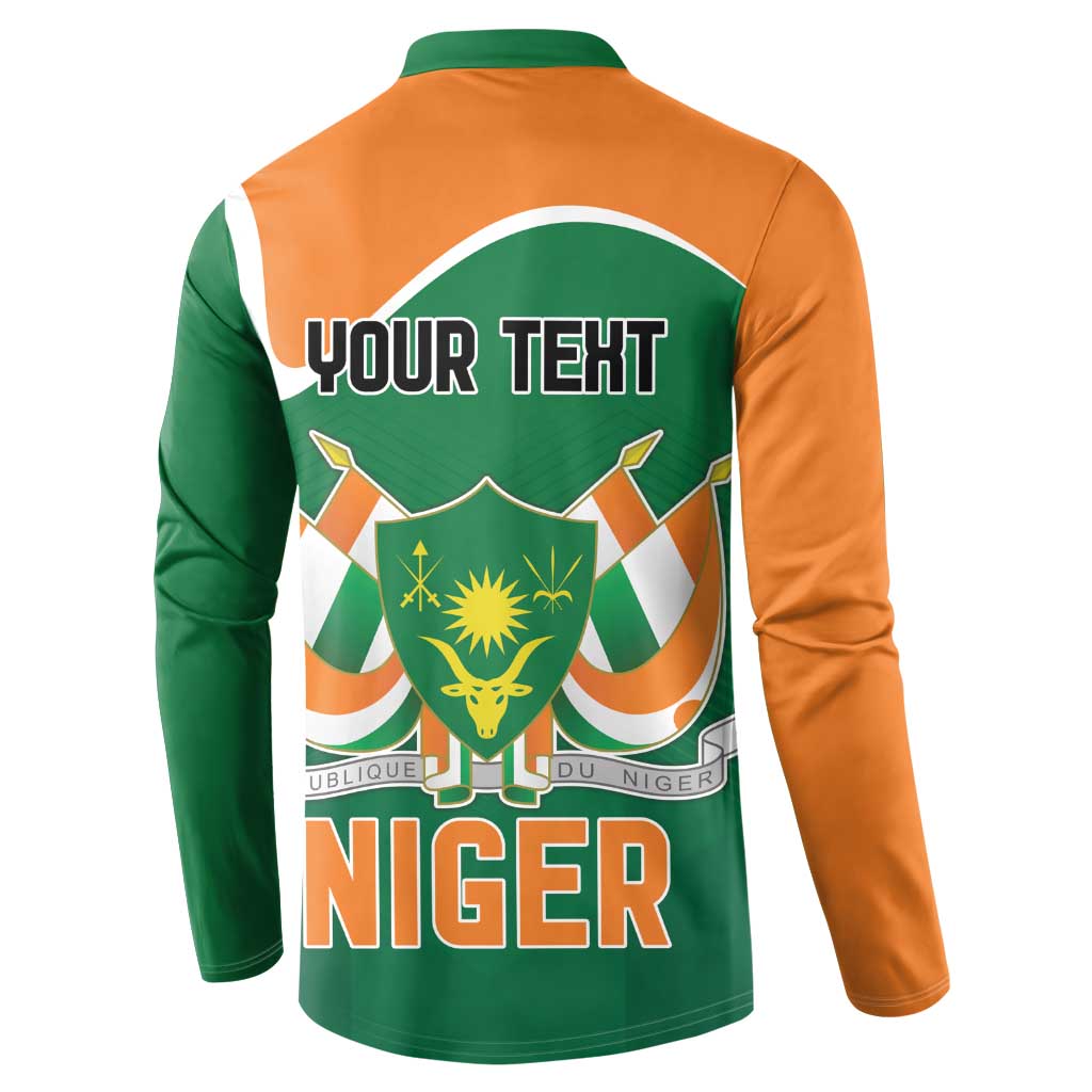 Green and orange long-sleeve button sweatshirt, back graphic with YOUR TEXT and NIGER