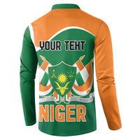 Green and orange long-sleeve button sweatshirt, back graphic with YOUR TEXT and NIGER