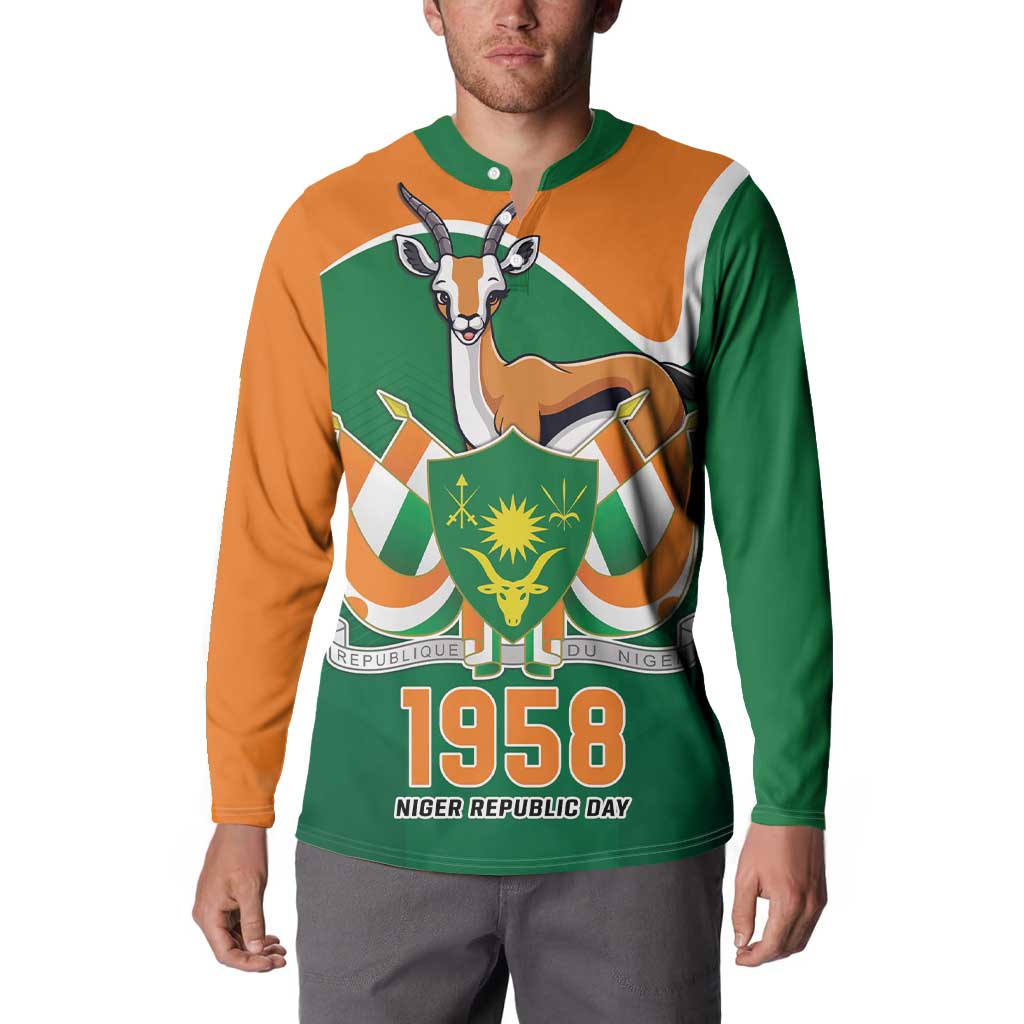 Green and orange long-sleeve button sweatshirt with front Niger crest and 1958 text