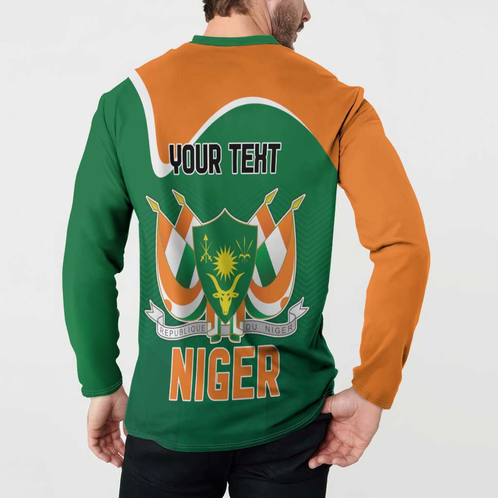 Green and orange long-sleeve button sweatshirt, back shows YOUR TEXT and large NIGER