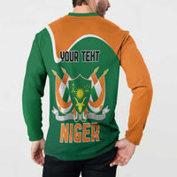 Green and orange long-sleeve button sweatshirt, back shows YOUR TEXT and large NIGER
