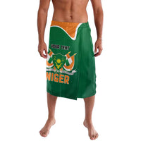 Green personalized lavalava skirt with orange waistband and Niger graphic front panel