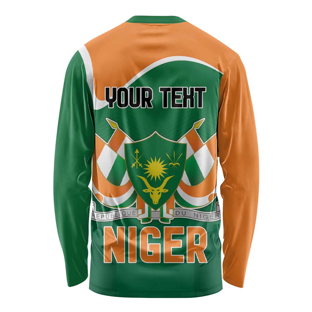 Long-sleeve back print shirt, green and orange, Niger emblem with YOUR TEXT and NIGER