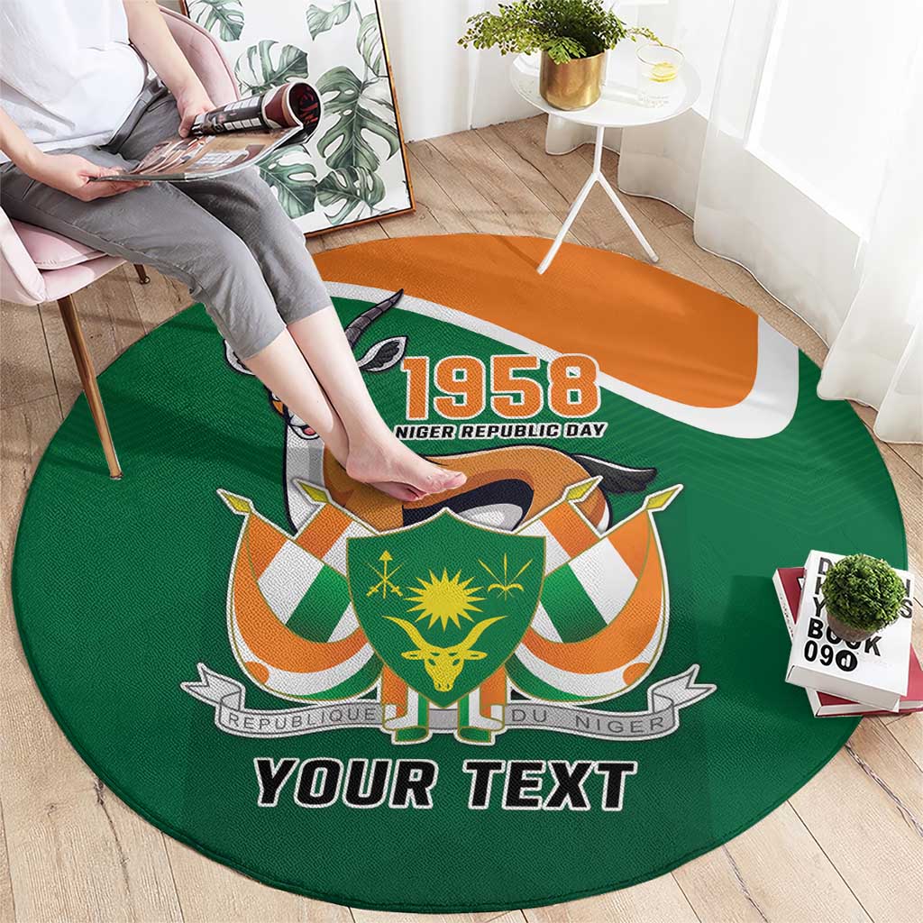 Personalized round green carpet with 1958 emblem and YOUR TEXT banner