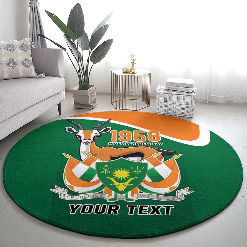 Personalized round green carpet with orange stripe, 1958 emblem, and YOUR TEXT