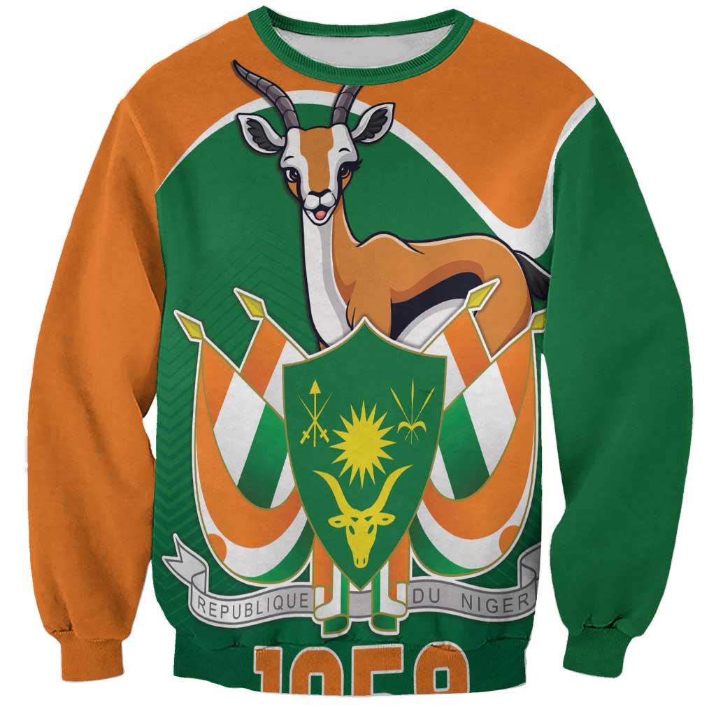 Orange and green personalized sweatshirt with antelope emblem front graphic