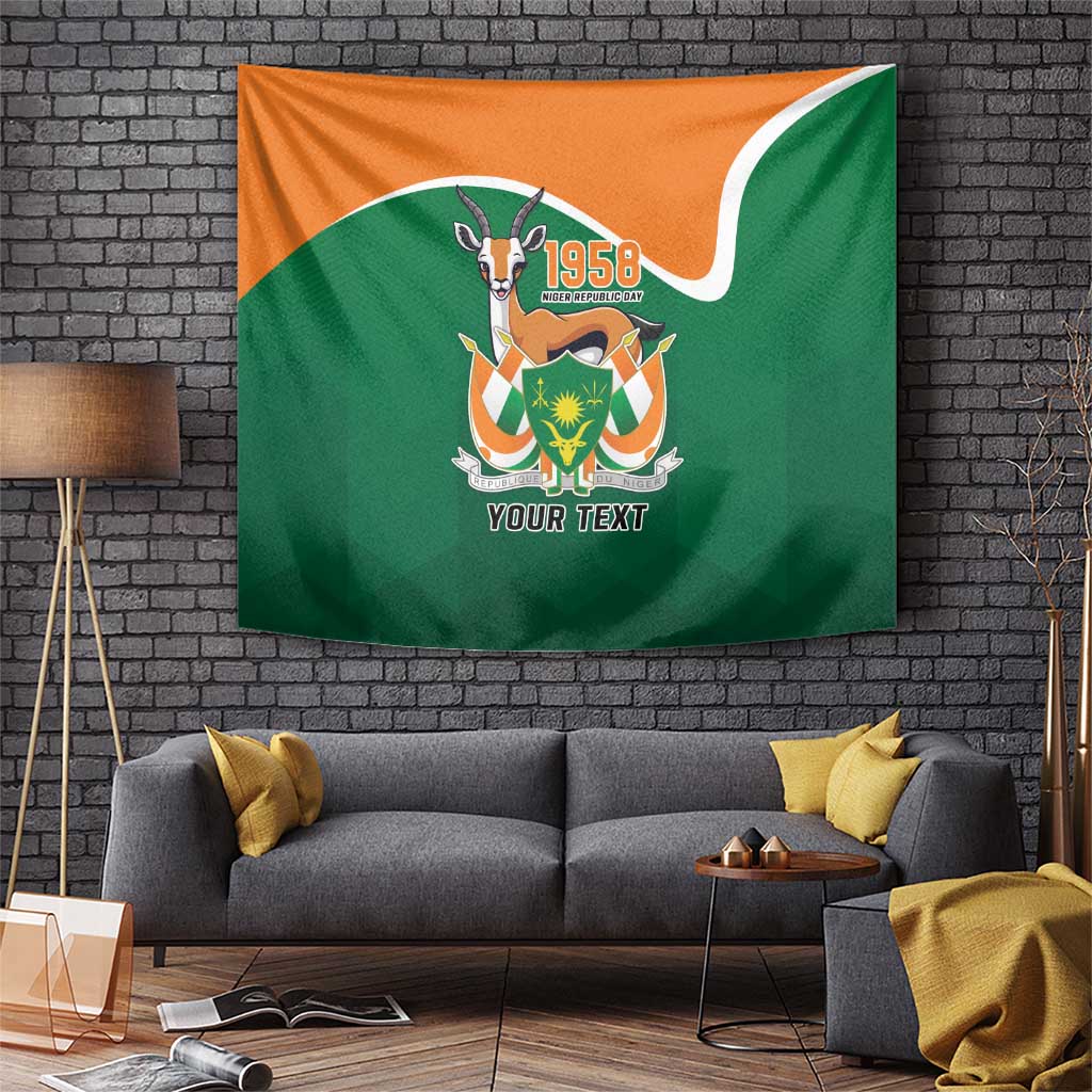 Rectangular personalized tapestry in green and orange with central emblem and “YOUR TEXT”