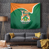Rectangular personalized tapestry in green and orange with central emblem and “YOUR TEXT”