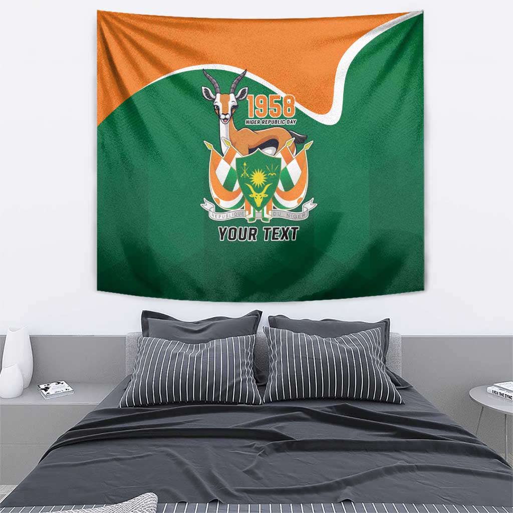 Rectangular wall tapestry with green and orange flag design, crest emblem, and “YOUR TEXT”
