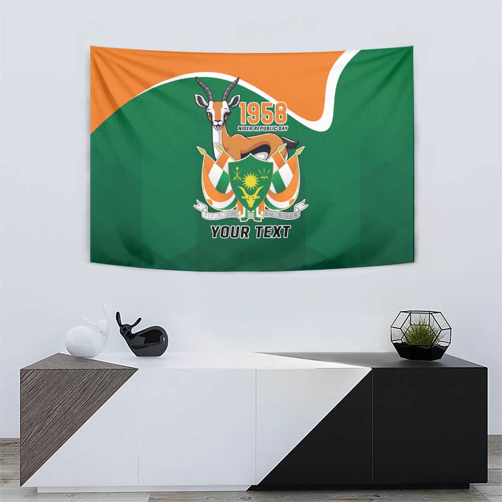 Personalized flag tapestry in green and orange with goat emblem and “YOUR TEXT” center
