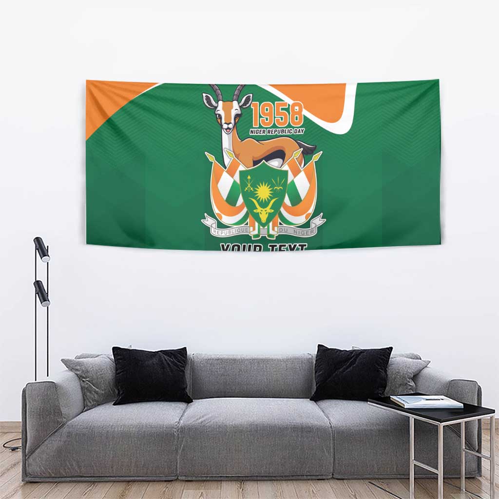 Personalized wall tapestry, green and orange with goat emblem graphic and “YOUR TEXT”