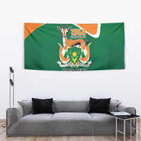 Personalized wall tapestry, green and orange with goat emblem graphic and “YOUR TEXT”