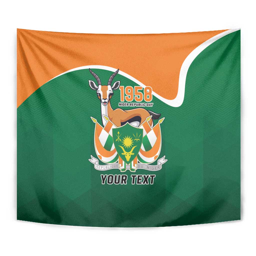 Green and orange rectangular personalized tapestry featuring goat emblem and “YOUR TEXT”