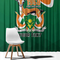 Green window curtain close view with Republic Day crest and 'YOUR TEXT' phrase