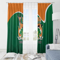 Green and orange window curtain set with crest emblem and 'YOUR TEXT' design