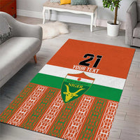 Niger area rug with orange top panel, green grid bottom, and bold 21 with YOUR TEXT