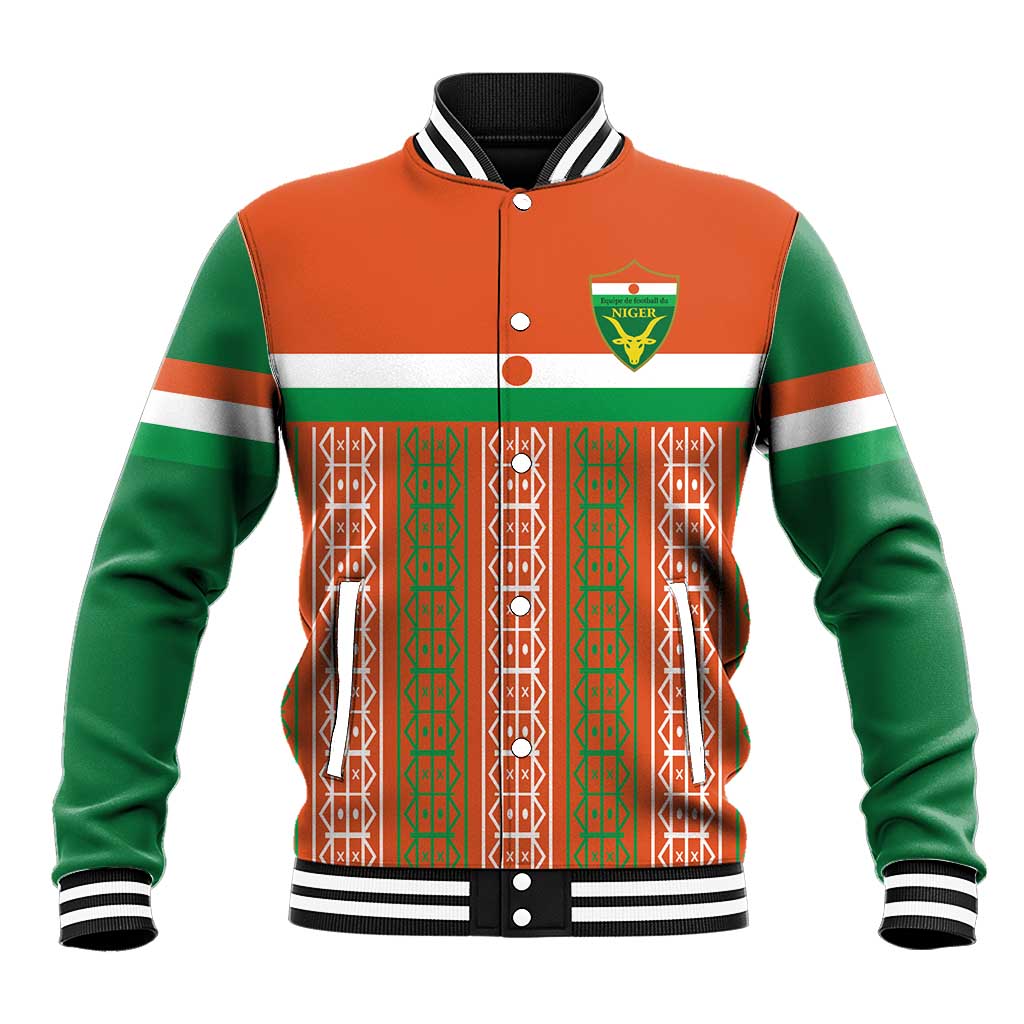 Custom baseball jacket with Niger crest, orange/green patterned front, snap buttons