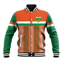 Custom baseball jacket with Niger crest, orange/green patterned front, snap buttons