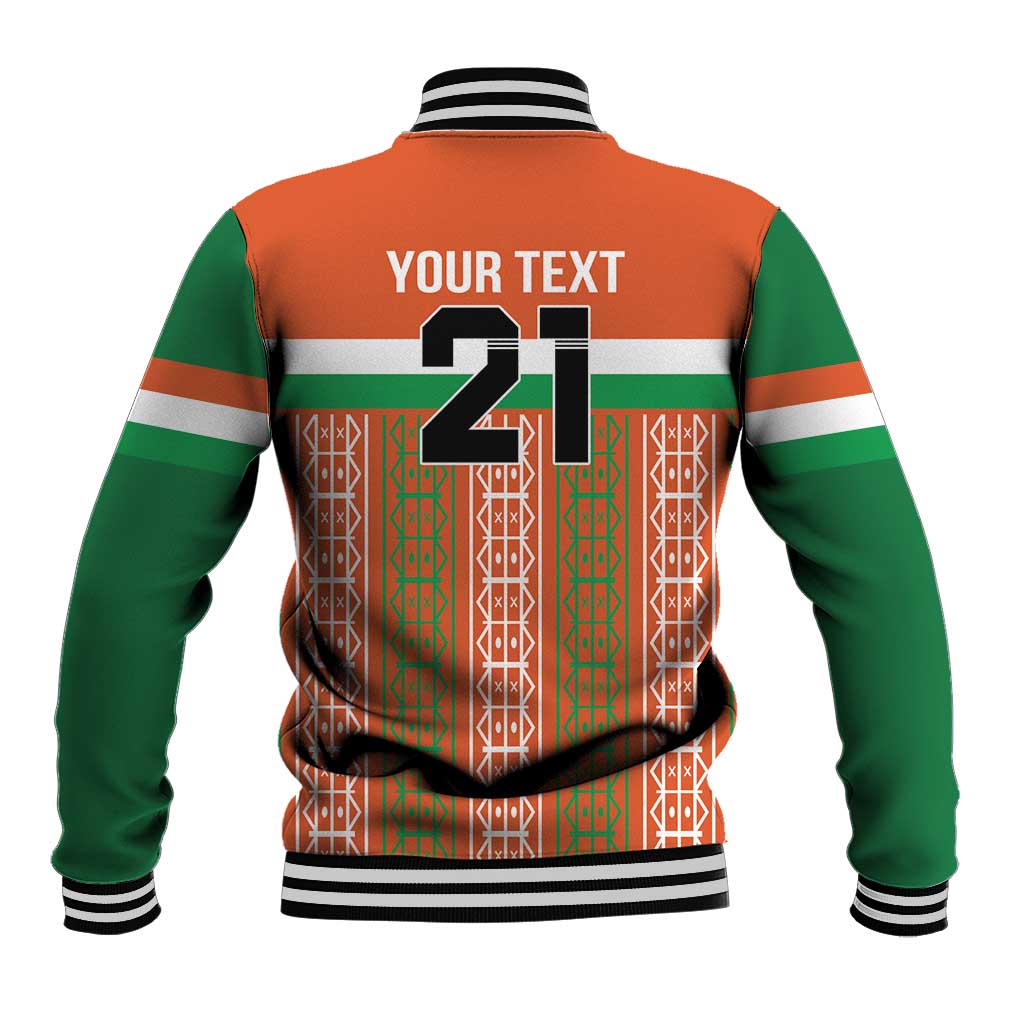 Custom baseball jacket back with 'YOUR TEXT', large 21 graphic, orange/green pattern