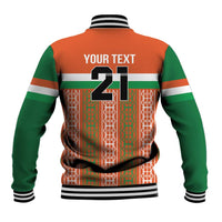 Custom baseball jacket back with 'YOUR TEXT', large 21 graphic, orange/green pattern
