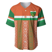 Custom baseball jersey with orange-green-white vertical pattern, V-neck and crest