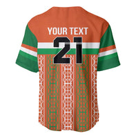 Custom baseball jersey back with orange-green-white stripes, 'YOUR TEXT' and 21