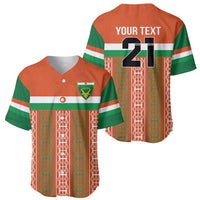 Set of custom baseball jerseys: front and back, orange-green-white V-neck, crest and 21