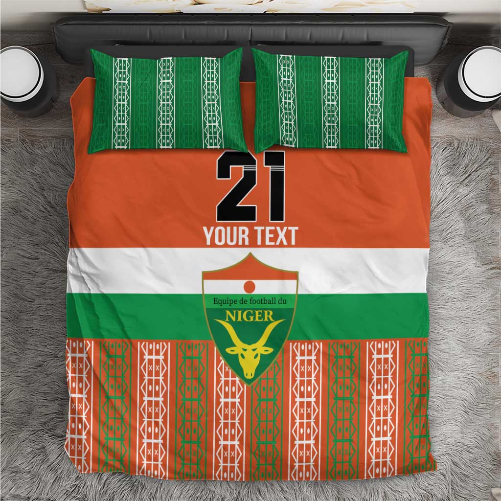 Orange, green, and white custom bedding set with number 21, YOUR TEXT, and Niger emblem