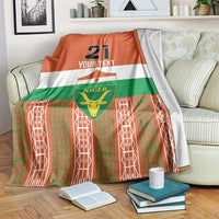 Orange, green, and white football blanket with Niger crest and custom number 21 design