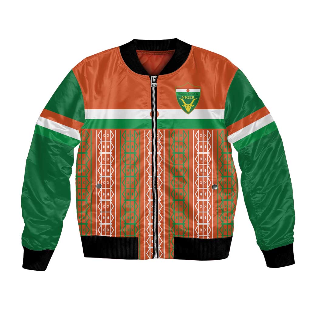 Custom bomber jacket with full-zip front, orange body, green sleeves, patterned crest panel