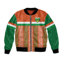 Custom bomber jacket with full-zip front, orange body, green sleeves, patterned crest panel