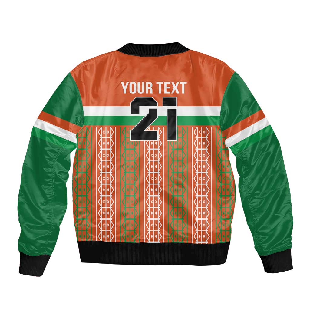 Custom bomber jacket back, orange/green with 'YOUR TEXT' and 21 graphic