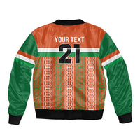 Custom bomber jacket back, orange/green with 'YOUR TEXT' and 21 graphic