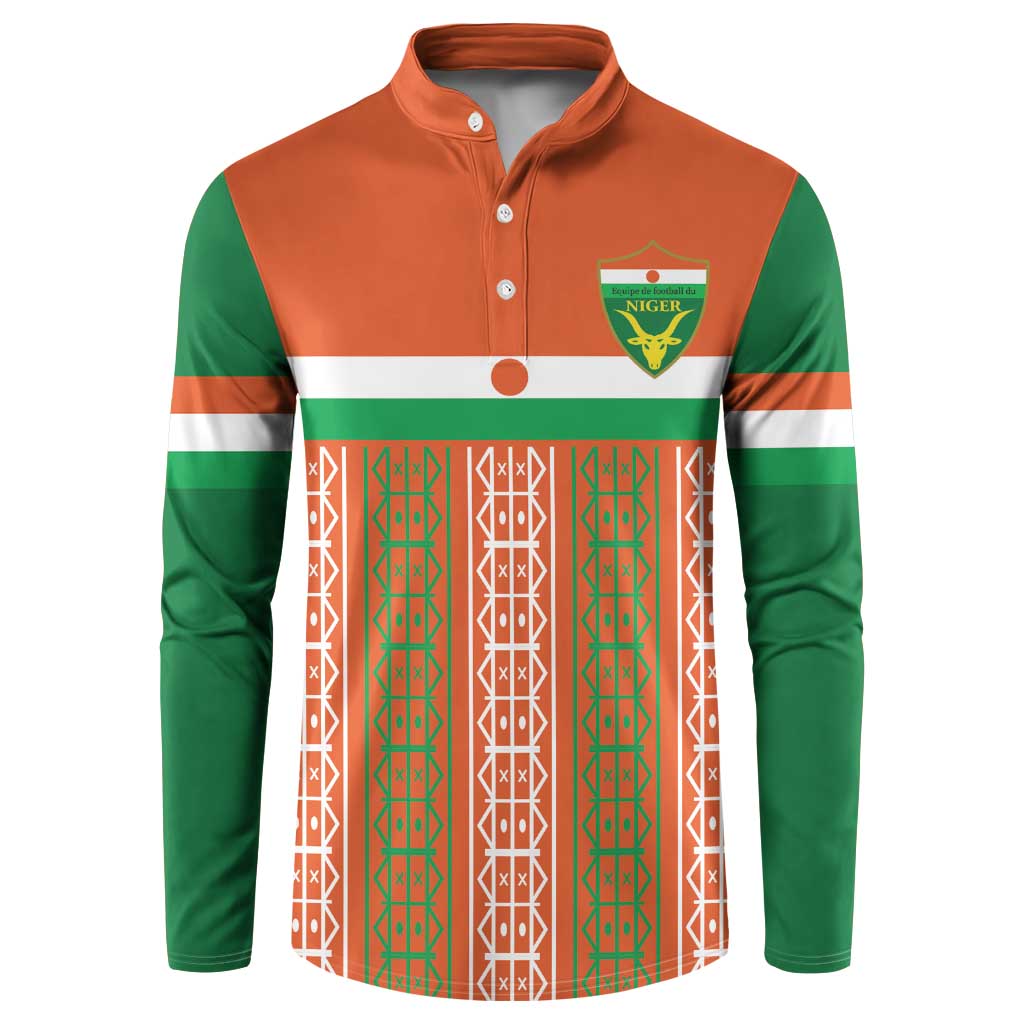 Orange and green button-front sweatshirt with Niger crest and patterned front