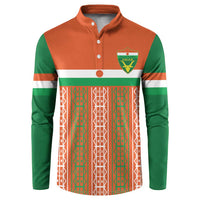 Orange and green button-front sweatshirt with Niger crest and patterned front