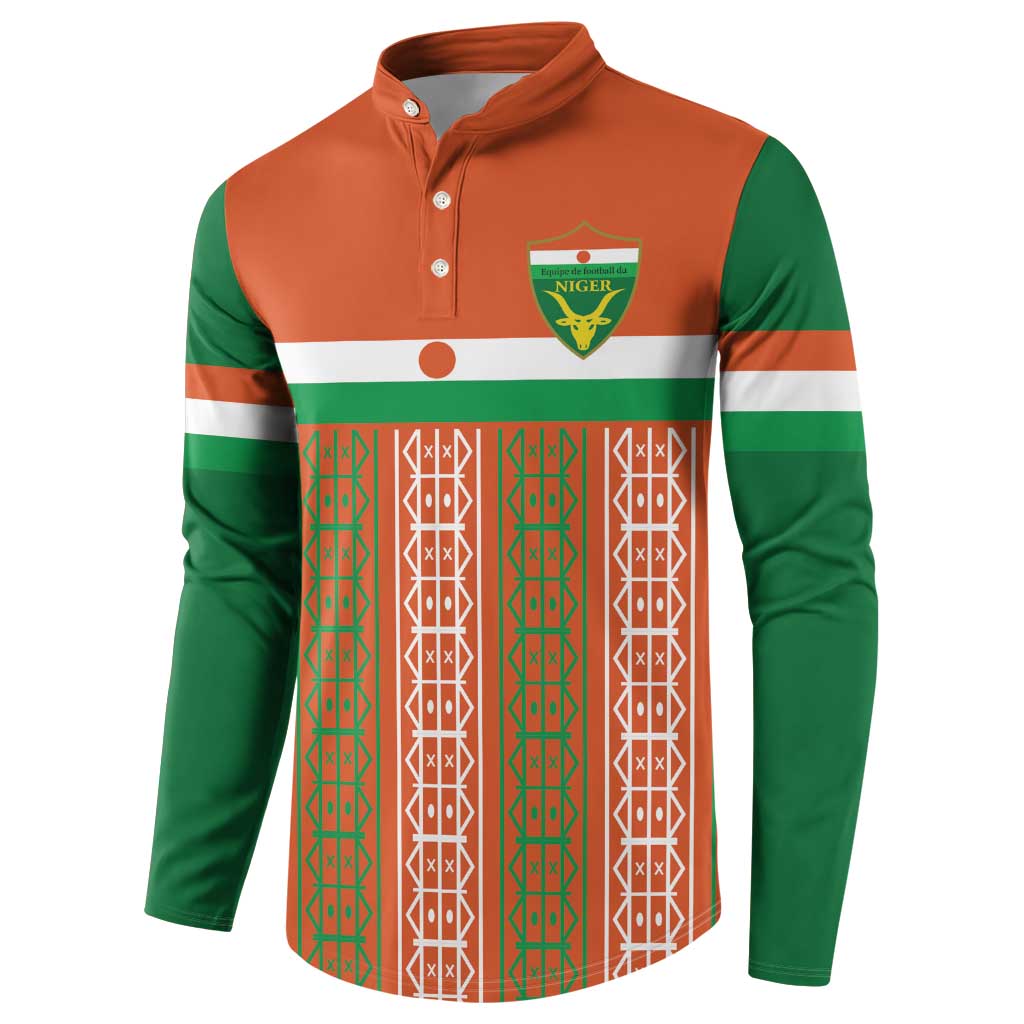 Orange and green button-front sweatshirt with Niger crest and striped pattern panel