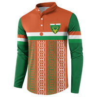 Orange and green button-front sweatshirt with Niger crest and striped pattern panel