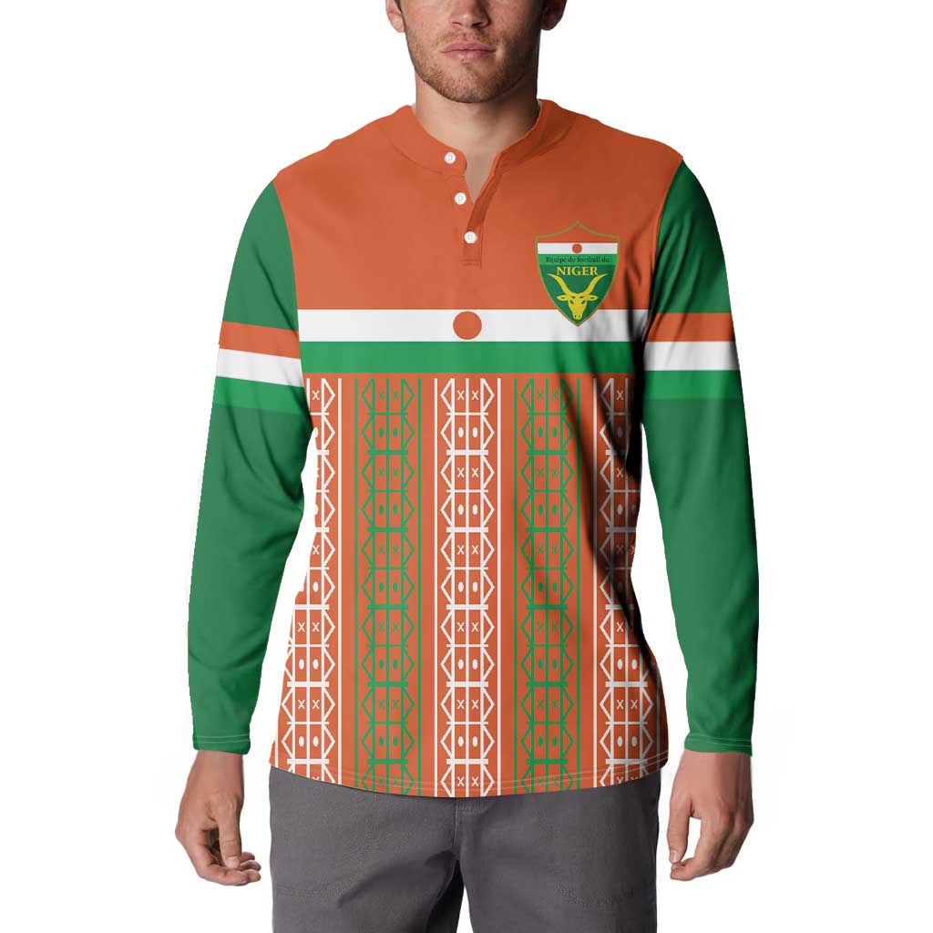 Orange and green button-front sweatshirt with Niger crest patch and geometric stripe print