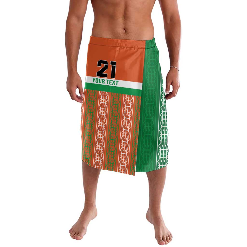Custom soccer lavalava shorts, orange and green panels, elastic waistband, number 21