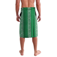 Custom soccer lavalava shorts, green with white geometric stripes, elastic waistband