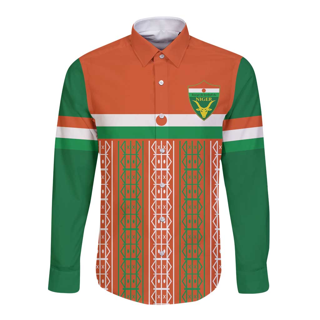 Custom long-sleeve button football shirt, orange/green, front crest and patterned stripes