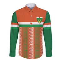 Custom long-sleeve button football shirt, orange/green, front crest and patterned stripes