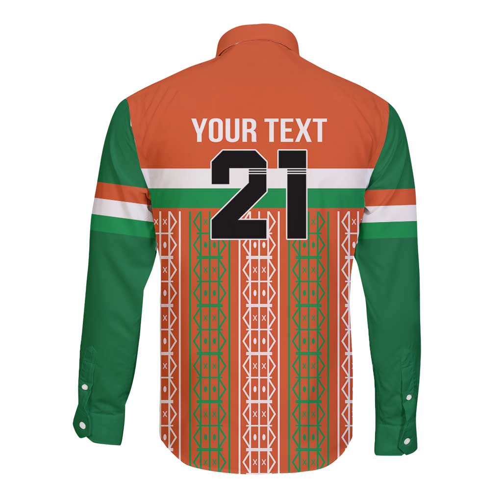Custom long-sleeve button football shirt, back print with 'YOUR TEXT' and large 21