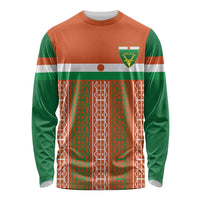 Custom long-sleeve football shirt with orange, green, striped design and crest logo