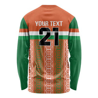 Long-sleeve football shirt back in orange and green with 'YOUR TEXT' number graphic