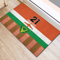 Orange rubber doormat with diagonal Niger flag stripes, 21 and Your Text, soccer crest