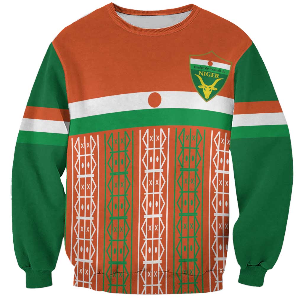 Orange and green custom football sweatshirt with crest logo and geometric panel front